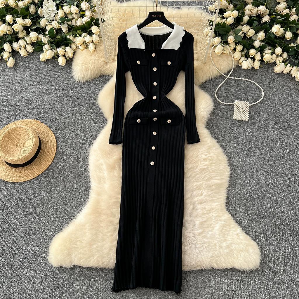 Autumn Winter Women Elegant Turn-down Collar Full Sleeve Knitted Sweater Long Maxi Sheath Dresses