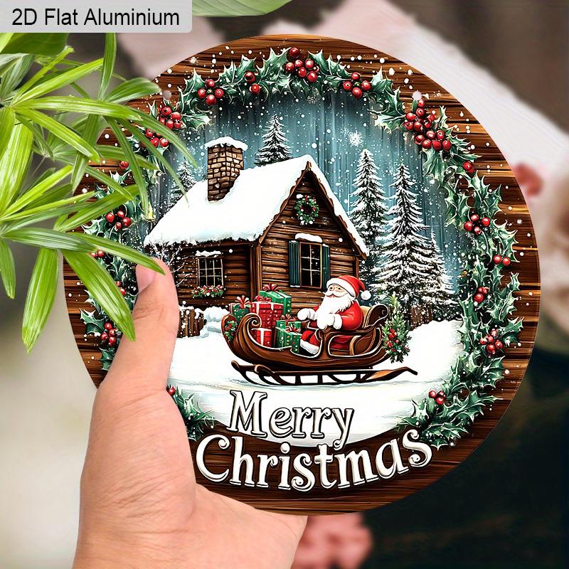 Panneau Joyeux Noël Plat en Aluminium 2D avec Motif Père Noël & Maison - Ornements Figurines Hivernales Chaudes - Idéal pour Porte d'Entrée, Mur, Porche, Fenêtre