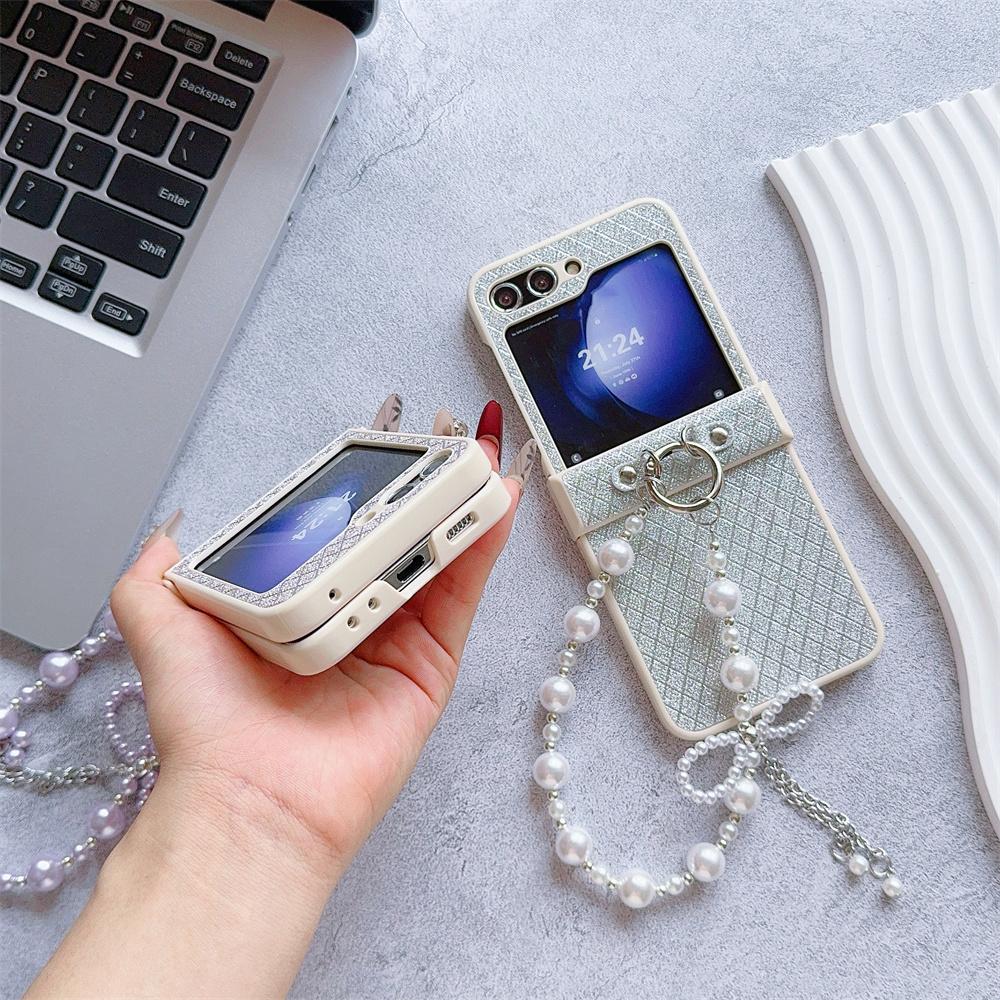 Bling Glitter Lattice Leather Cover with Bowknot Pearl Wrist Chain Strap Bracelet For Samsung Galaxy Z Flip 6 5 4 3 Phone Case