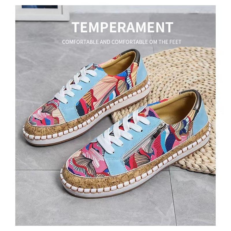 Large Size Flat-soled Single Shoes Women's Printing New Parrot Light Mouth Casual Color Matching Lace-up Board Shoes