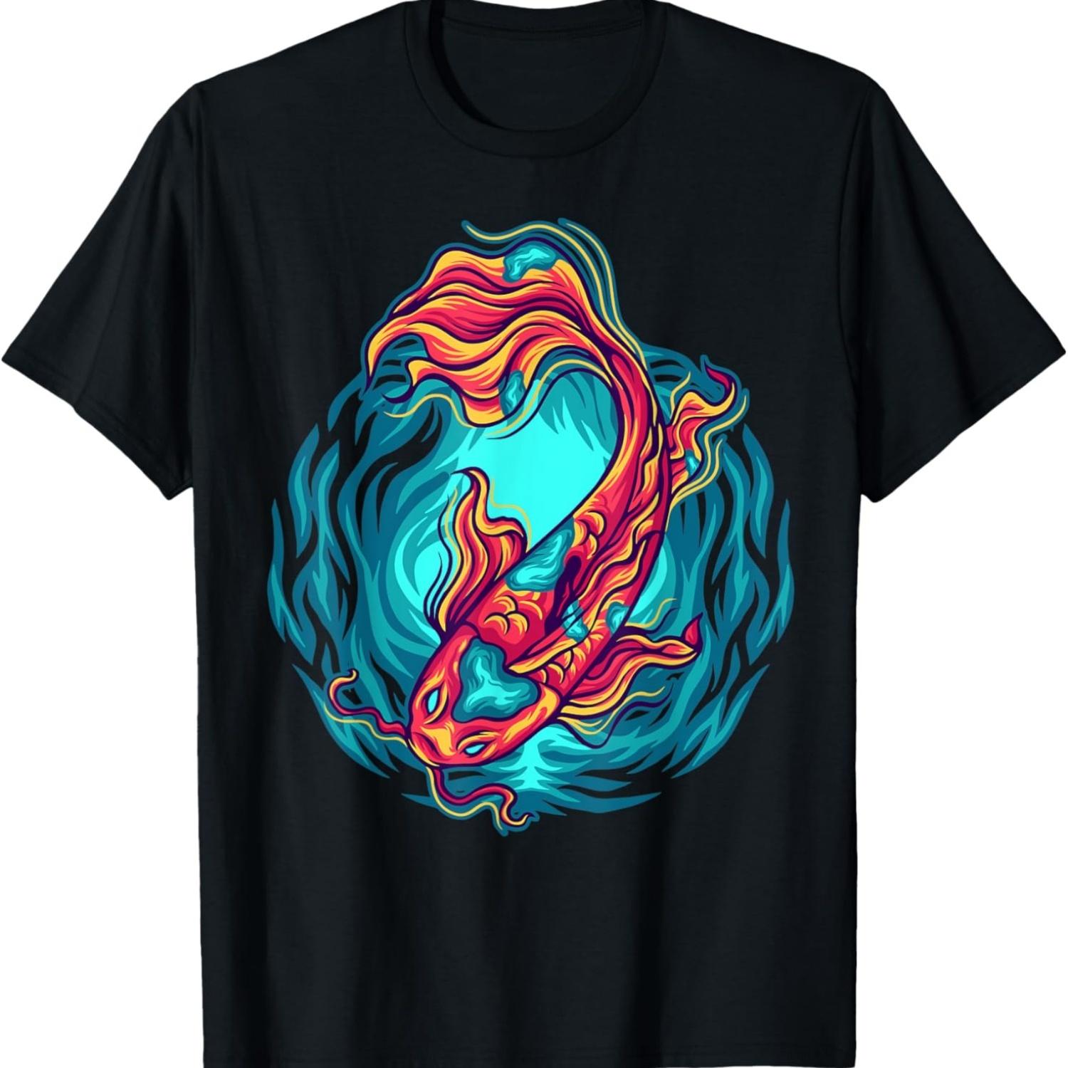 Футболка с изображением карпа кои и цветущей сакуры(4) S чёрный