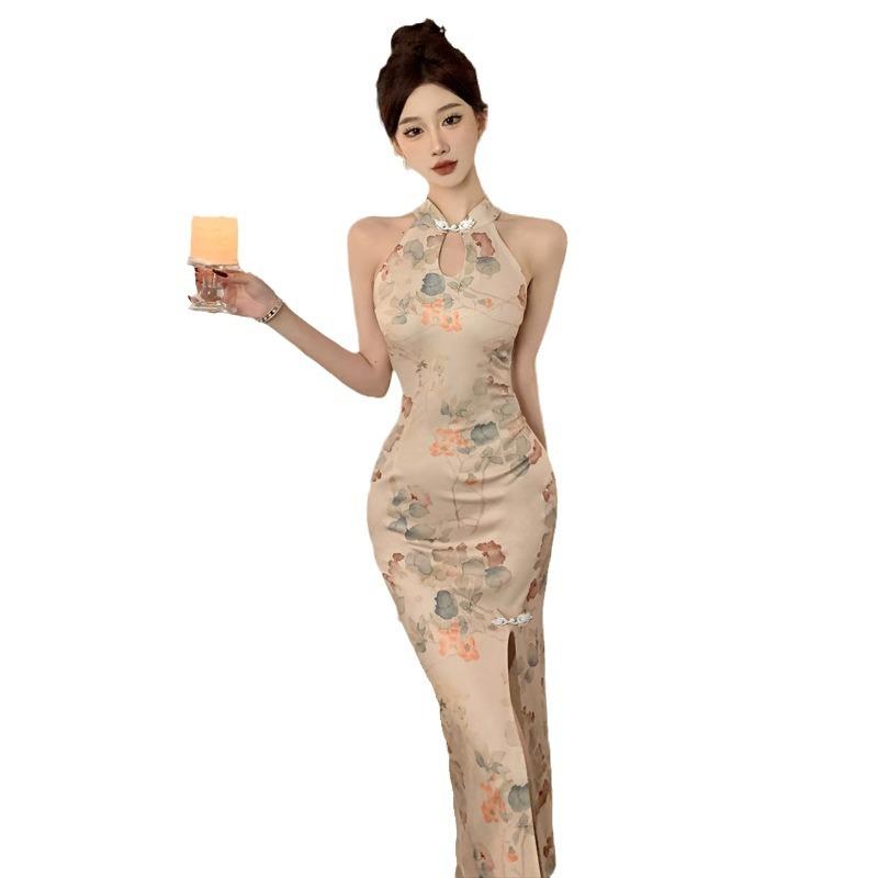 Women's temperament retro improved cheongsam split slim dress