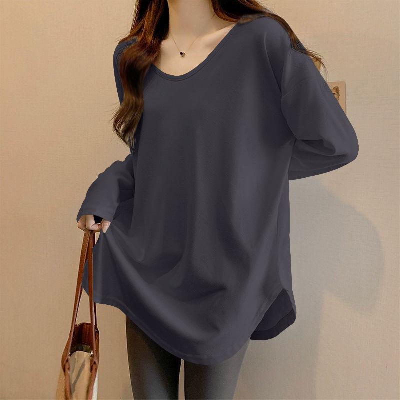 Women's Korean Style Loose-Fit Long Sleeve Mid-Length Shirt - Curved Hem, Versatile for Autumn & Spring