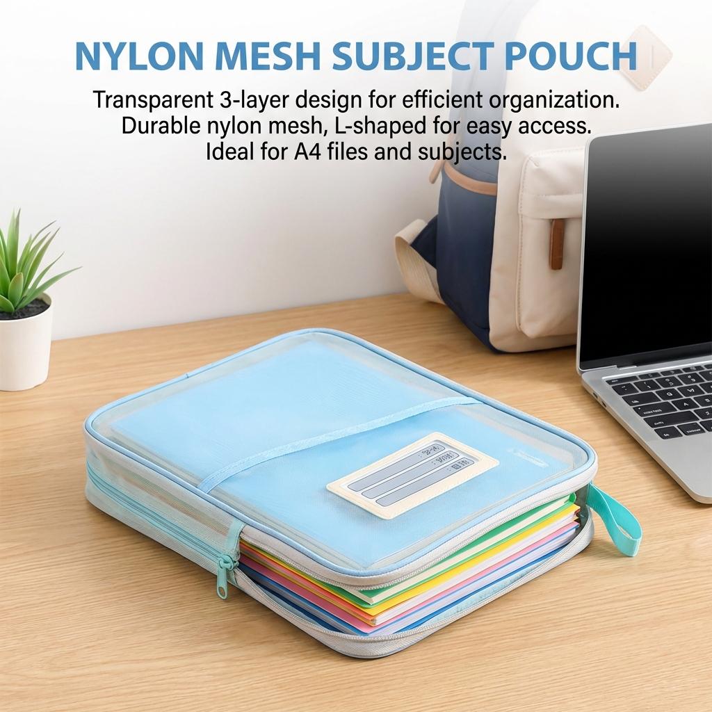 A4 Transparent Document Organizer L-Shaped Double Layer Nylon Mesh File Storage Bag