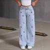 Jeans a Vita Alta Gamba Larga da Donna Vestibilità Larga Gamba Dritta Pantaloni in Denim Ricamo Ciliegia Streetwear Vintage Pantaloni Casual