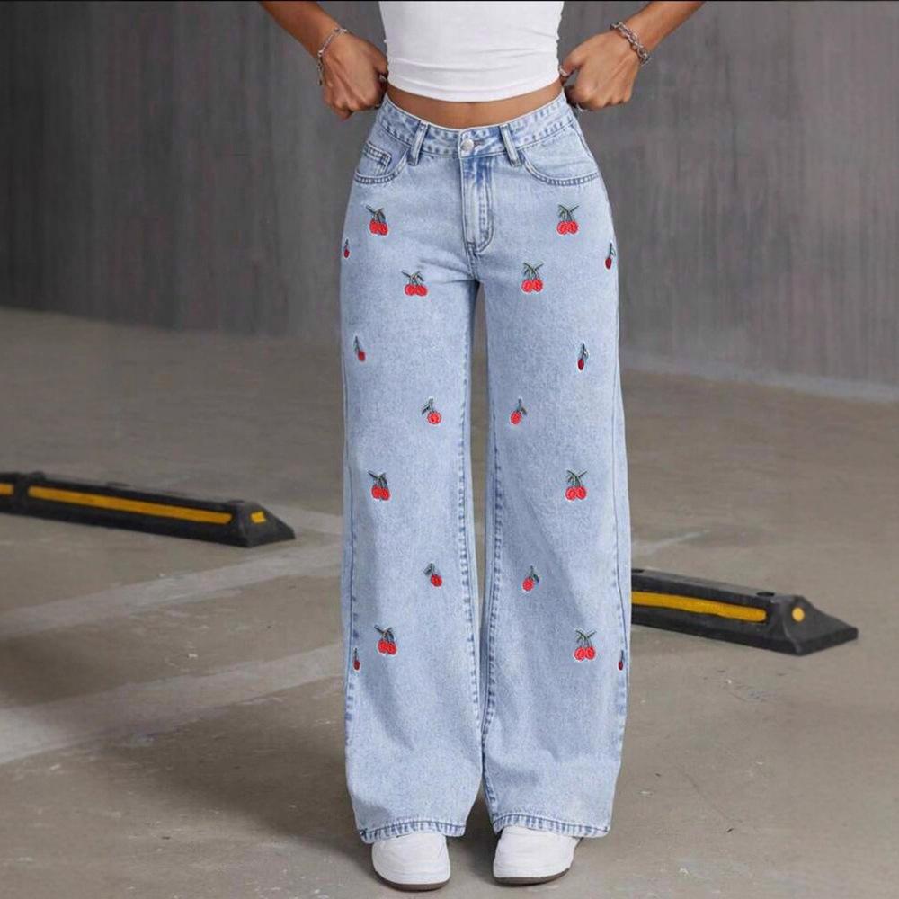 Jeans a Vita Alta Gamba Larga da Donna Vestibilità Larga Gamba Dritta Pantaloni in Denim Ricamo Ciliegia Streetwear Vintage Pantaloni Casual