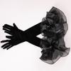 Long Velvet Gloves with Organza Ruffle Cuff, Elbow-Length Formal Gloves for Wedding/Party/Ball