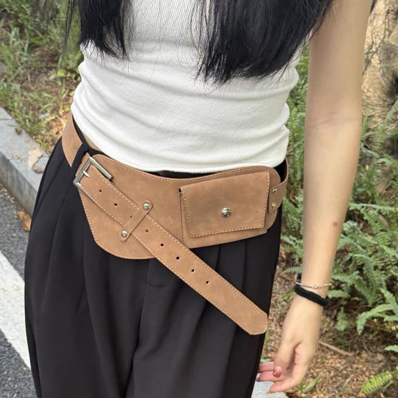 Riñonera Coreana, Riñonera Retro de Gamuza Marrón con Correa Ajustable y Bolsillos, Bolso de Falda Y2k para Chicas, Riñonera Vintage para Mujer con Correa Ancha