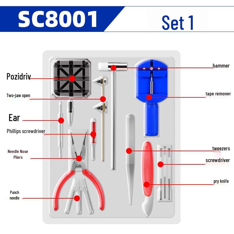Mechanical Watch Repair Tool Set for Case, Band Removal, Link Adjustment, and Battery Replacement