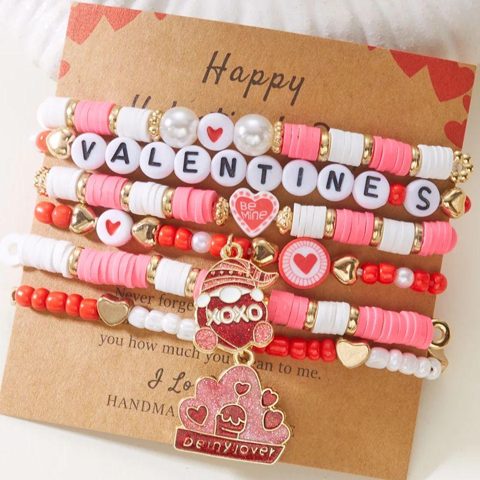 6Pcs/Set Romantic Love Heart Pendant Bracelets for Women Girls Cute Pink Soft Clay Beaded Bangles Valentine's Day Jewelry Gift