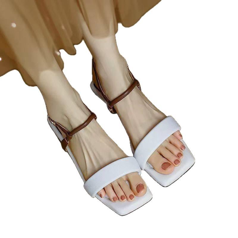 Huge Comfortable~ Ins Simple One-word Buckle Open-toe Temperament Thin-heeled Sandals Women's Summer 2025 Mid-heeled Shoes