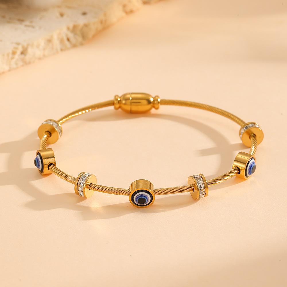 Retro Personality Evil Eye Micro Inlay Zircon Double Heart Bangles for Women Gold Color Stainless Steel Twist Bracelet Jewelry