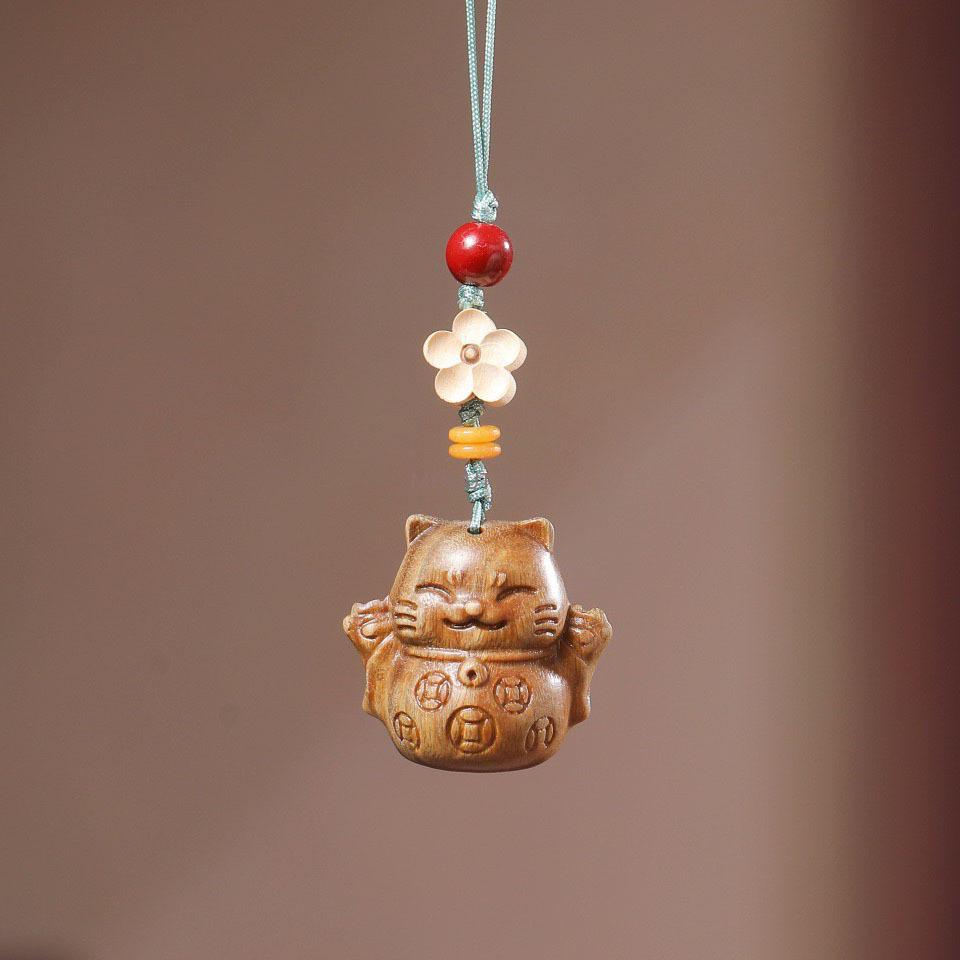 Wooden Copper Coin & Gold Coin Cat Phone/Car Pendant - Lucky Cat Plaque Bag Decoration, Couple Style Pendant Ornament