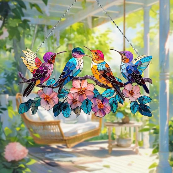 Yousheng Colorful Birds Sun Catcher Acrylic Hanging Ornament Stained Glass Style Suncatcher Bird Lovers Gift for Home Window Decor Garden Porch