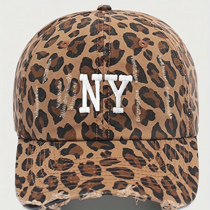 Embroidered NY Distressed Leopard Print Baseball Cap, Breathable Adjustable Golf Summer Fashion Curved Brim Hat, Lightweight Polyester, Toggle Closure
