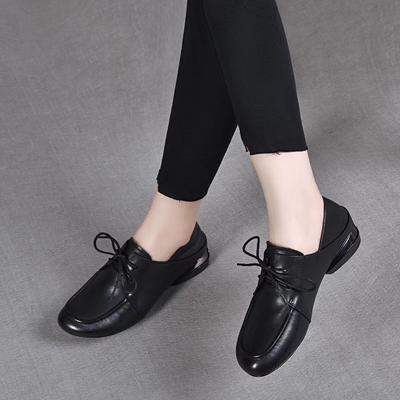 Flat Bottom Women's Spring New Round Head Lace-up Shallow Mouth Single Shoes, First Layer Cowhide, One Shoe and Two Single Shoes