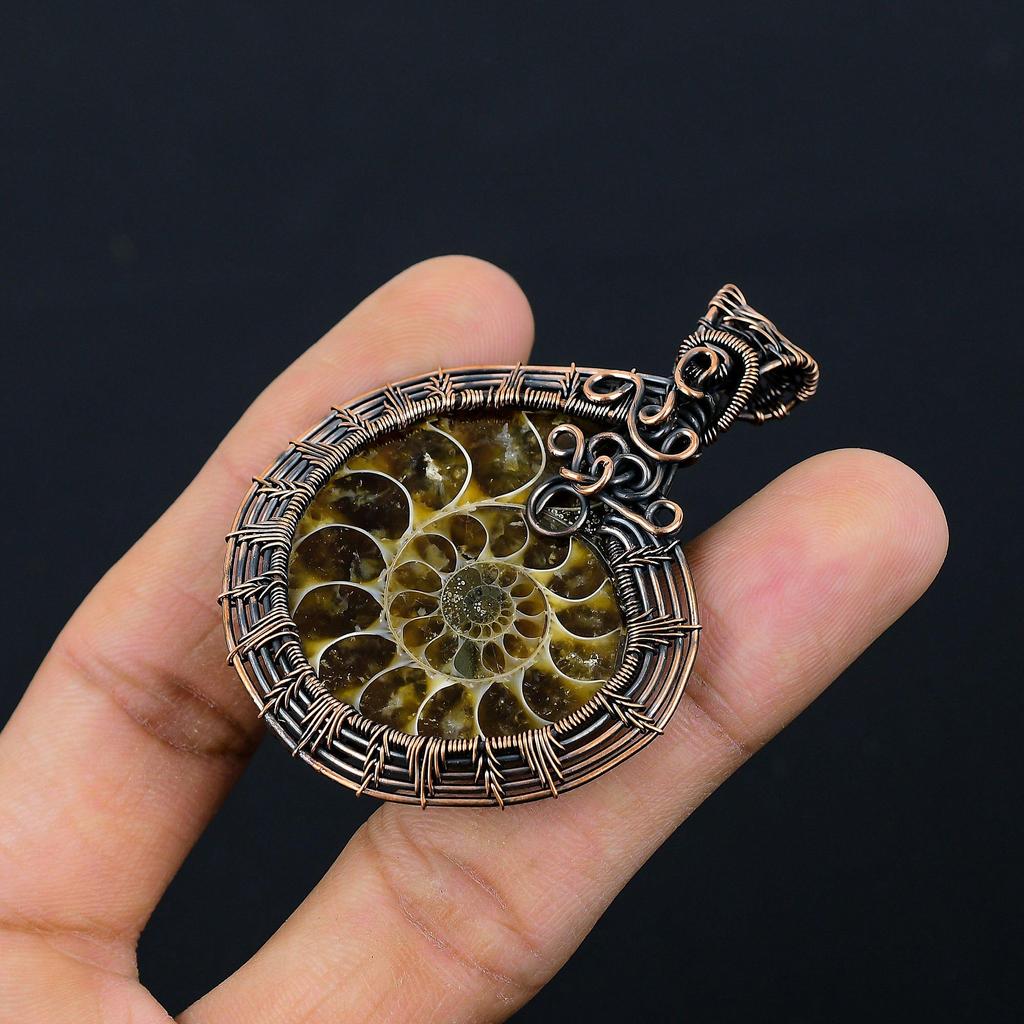 Ammonite Fossil Gemstone Pure Copper Wire Wrapped Designer Handmade Pendant Jewelry For Gift