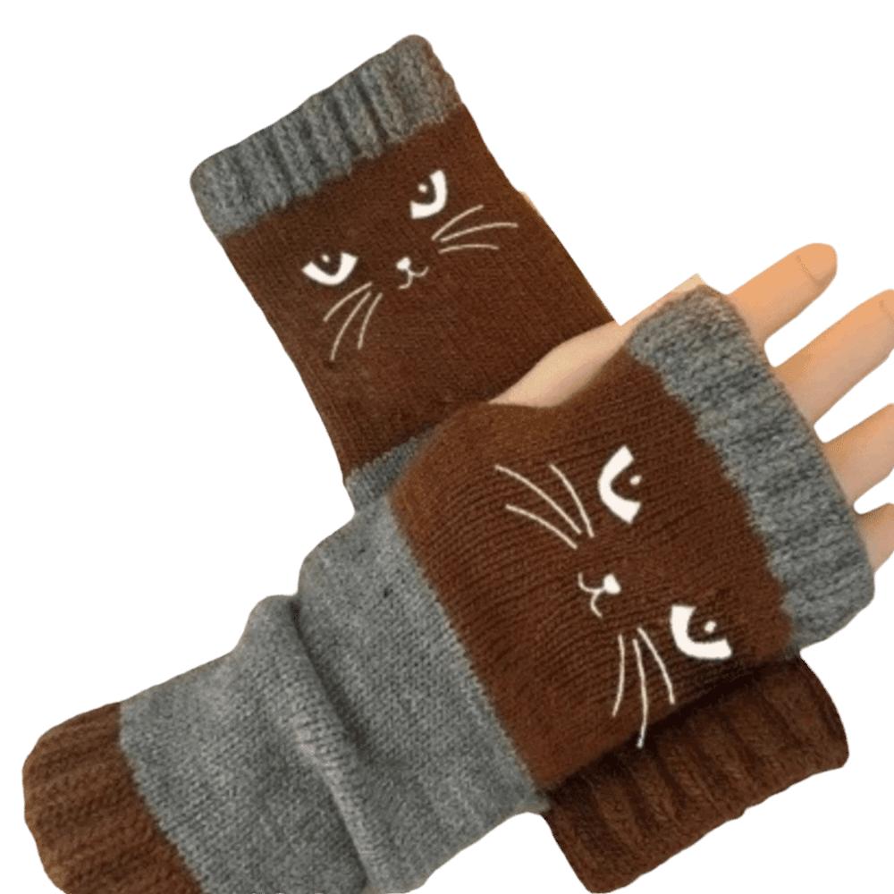 Thick Half Finger Gloves Thickened Cat Embroidery Gloves Vintage Knitted Fingerless Gloves Girls