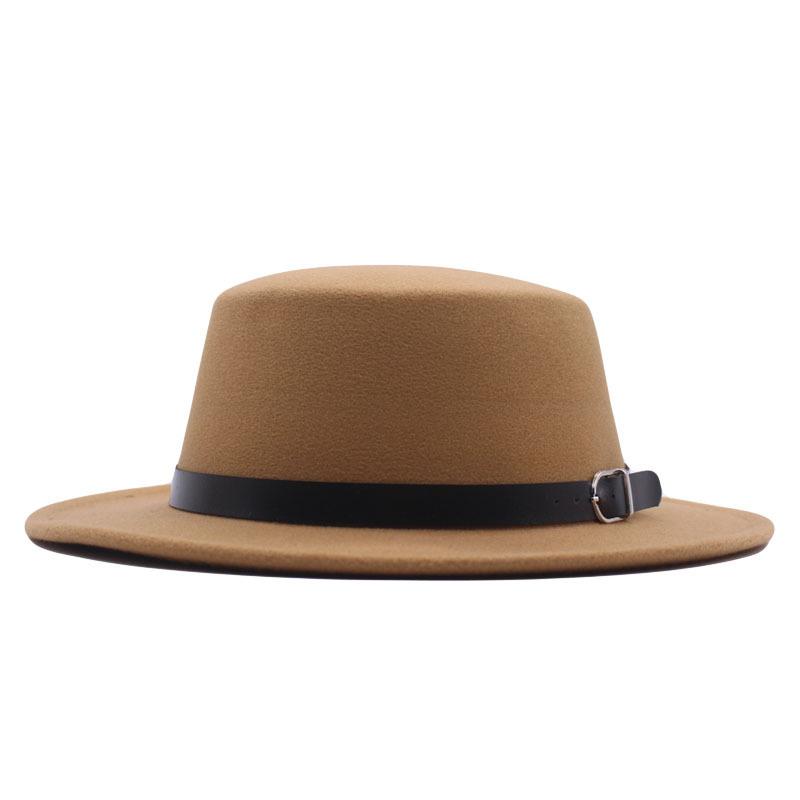 European and American new flat-brimmed flat-top hat woolen top hat women's fashion black belt jazz hat Panama hat