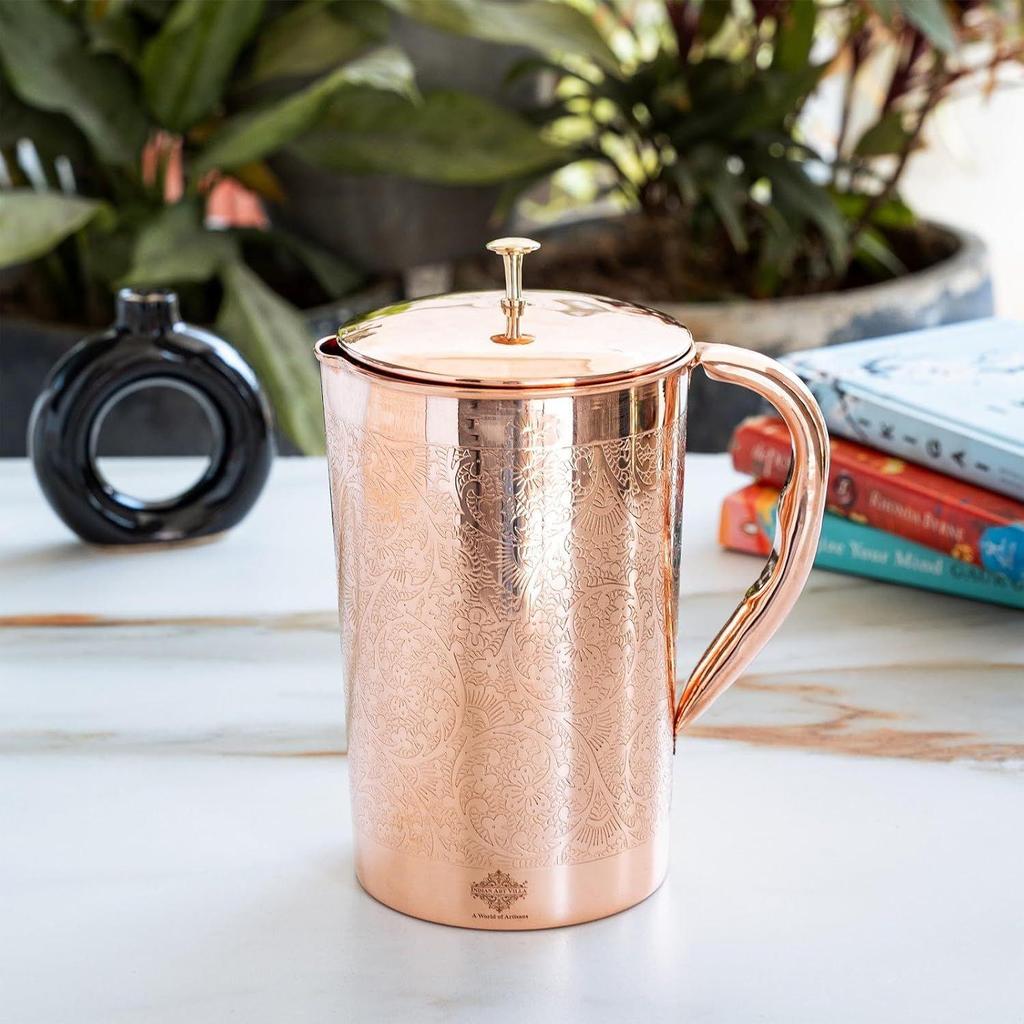 Full Embossed Design Copper Jug Pitcher with Brass Knob, Storage & Serving Water, Yoga Ayurveda Healing, Volume- 2000 ML