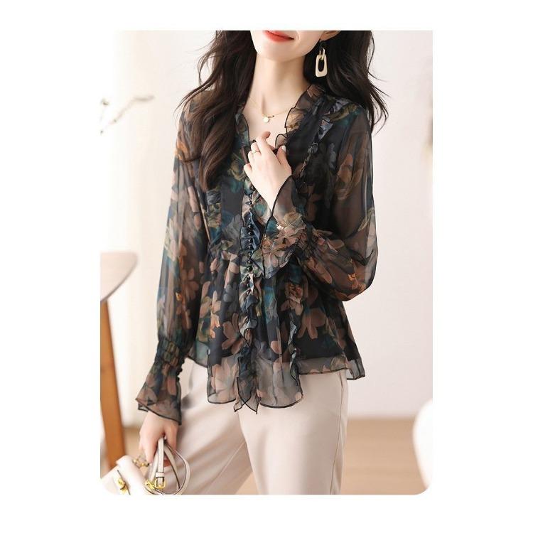 Trendy podzimní šifonová halenka: Dámská módní květovaná šifonová košile, elegantní top s dlouhým rukávem na jaro a podzim
