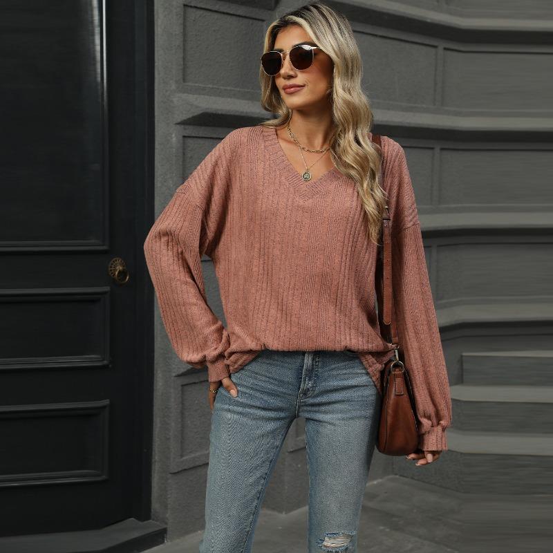 Autumn and Winter V-neck Loose Casual Long Sleeved T-shirt Women Fashion Elegant Simple New Solid Color Top Office Shirt Women's Clothing