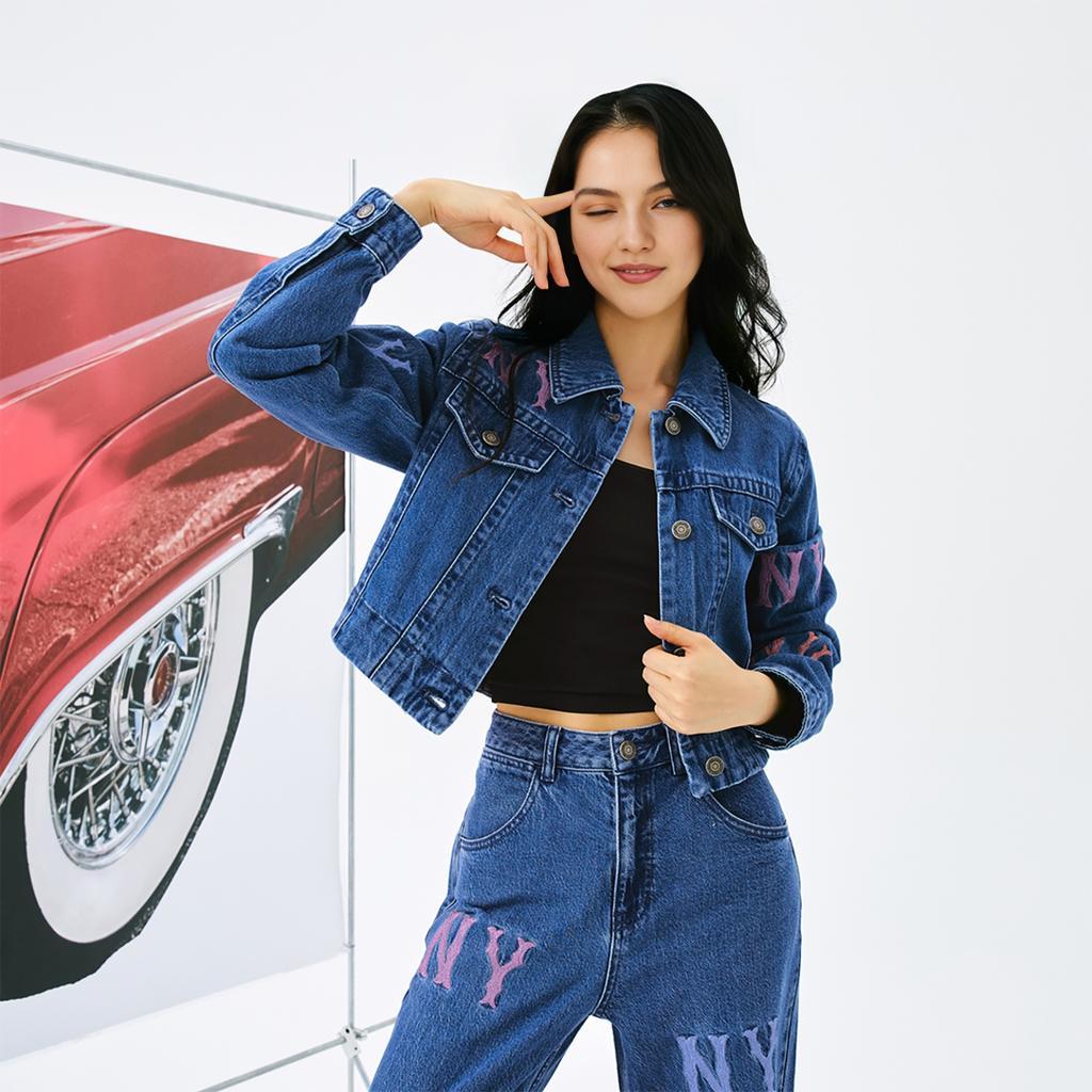 MLB Fashion Sports Series New York Yankees 24FW All Over Printed Color Embroidered Logo Denim Jacket Women Jackets Indigo 3FDKG0144-50INS
