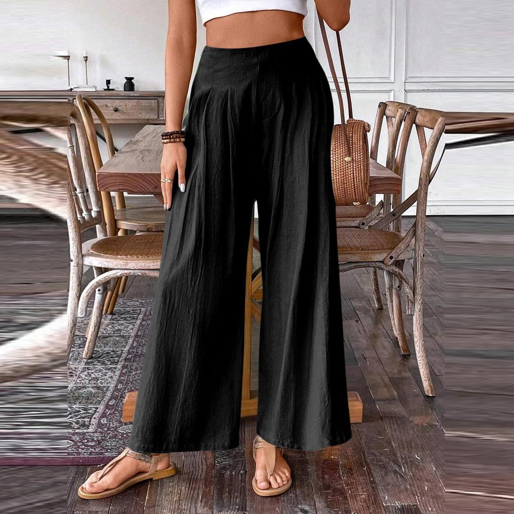 Women's Casual Wide Leg Pants with Side Zipper Relaxed Fit Elastic Waistband Lightweight Loose Trousers for Everyday Wear