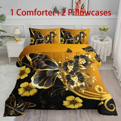 3pcs Golden Bedding Set Butterfly Flowers 3D Printed Cozy Duvet Cover King Queen Twin Size Birthday Gift for Adult Bedroom Decor