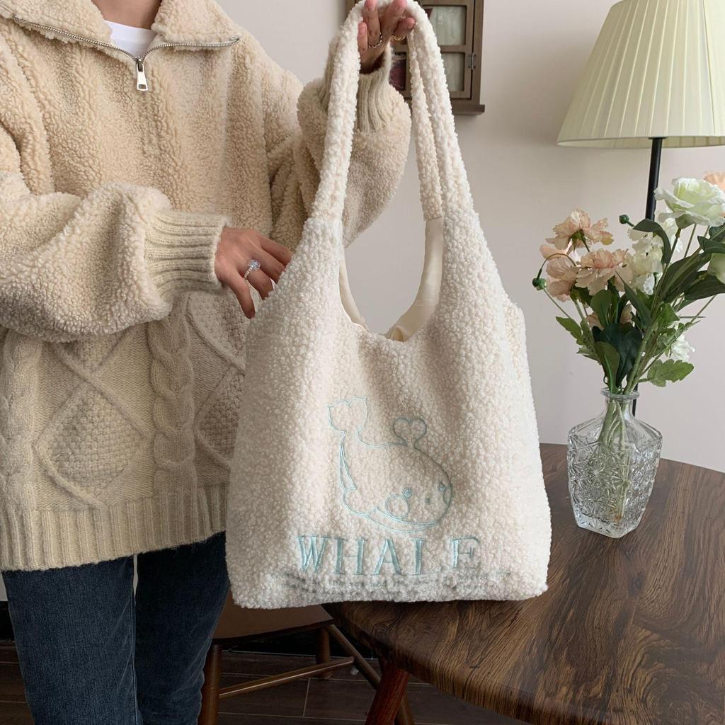 Autumn Winter Cute Girl Plush Vest Bag Sweet Student Embroidery One Shoulder Tote Bag