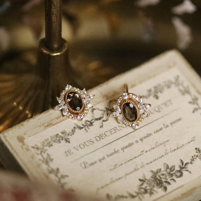 

925 Sterling Silver Plated 14K Gold Vintage Delicate Inlay Coffee Colored Zirconia Earrings for Women High Quality Party Jewelry Champagne Gold