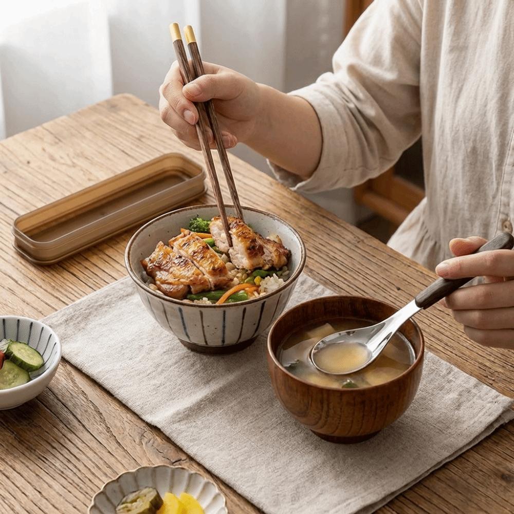 Rust-proof Wooden Chopsticks Set Japanese Style Two-Piece Tableware Stainless Steel Spoon Office