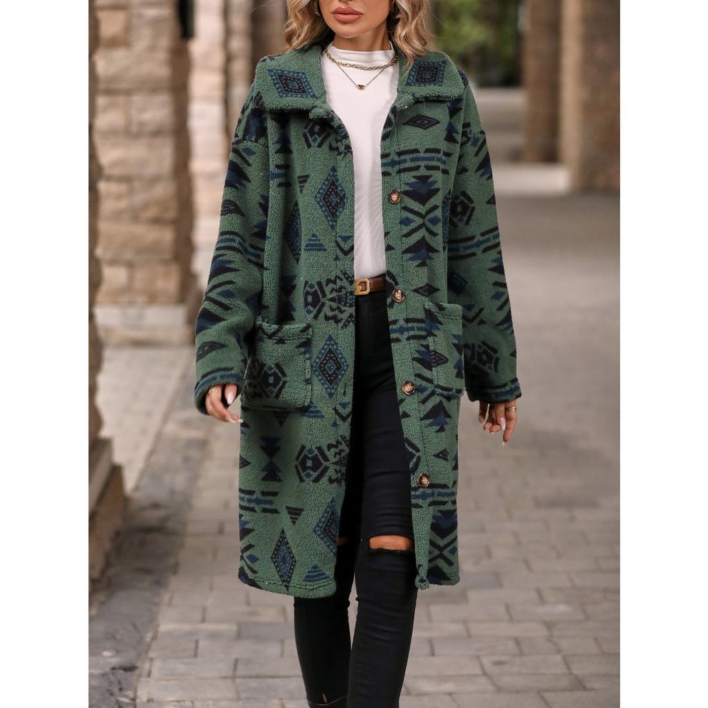 2025 Herbst Winter Neuer Ethnischer Print Sherpa Langer Mantel Damen Einreihig Flauschige Oberbekleidung Mode