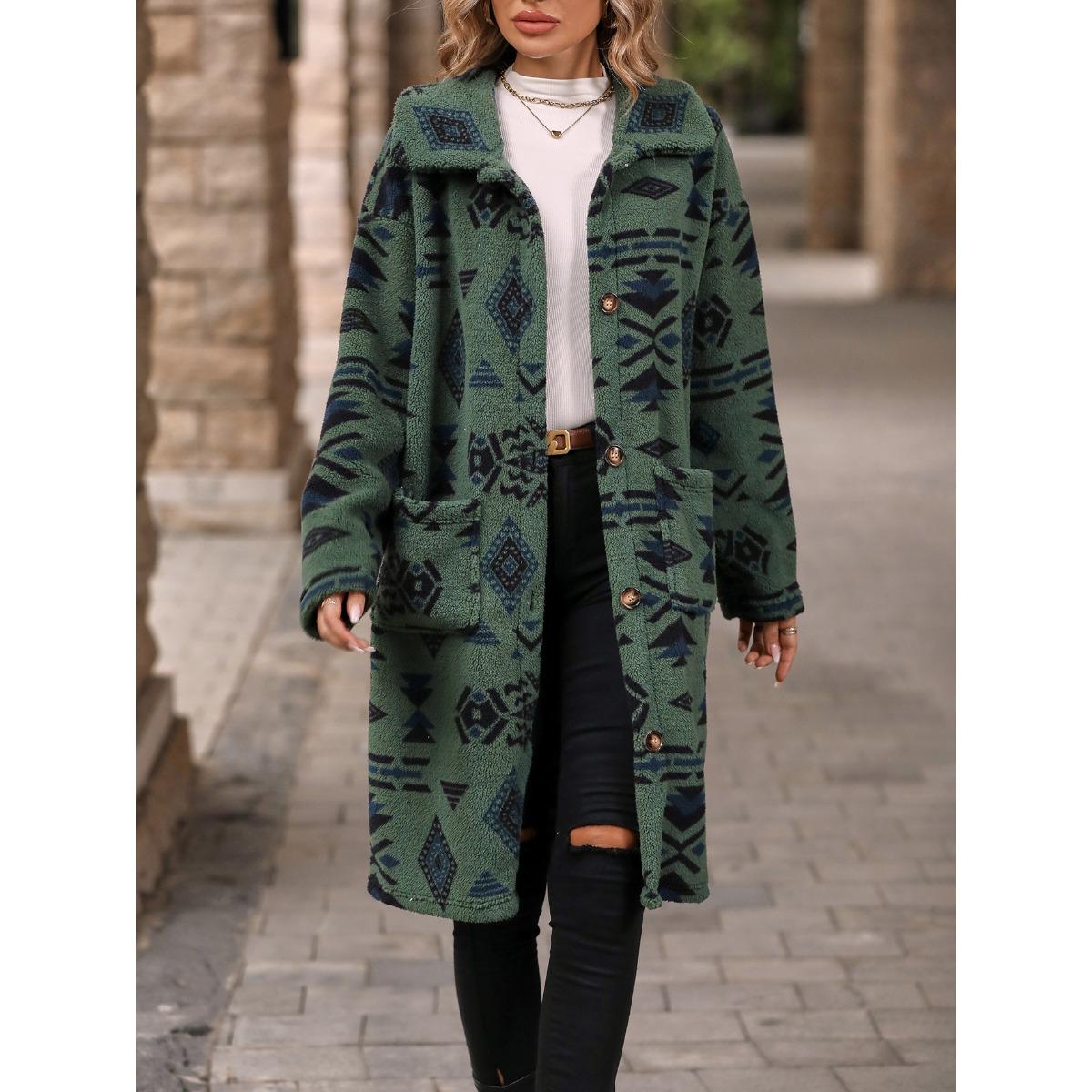 

2025 Autumn Winter New Ethnic Print Sherpa Long Coat Women s Single Breasted Fluffy Outerwear Fashion XXL