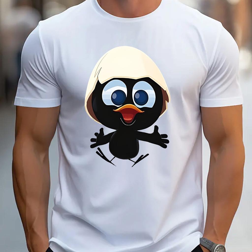 Men's Summer 100 Cotton Fashionable Casual Sports Loose and Interesting Cartoon Penguin Pattern Printed Round Neck Short Sleeved T-shirt