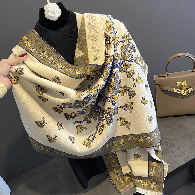 Autumn and Winter New Korean Style All Match Imitation Cashmere Scarf for Women with Butterfly Flying Print Thickened Warm Shawl and Scarf