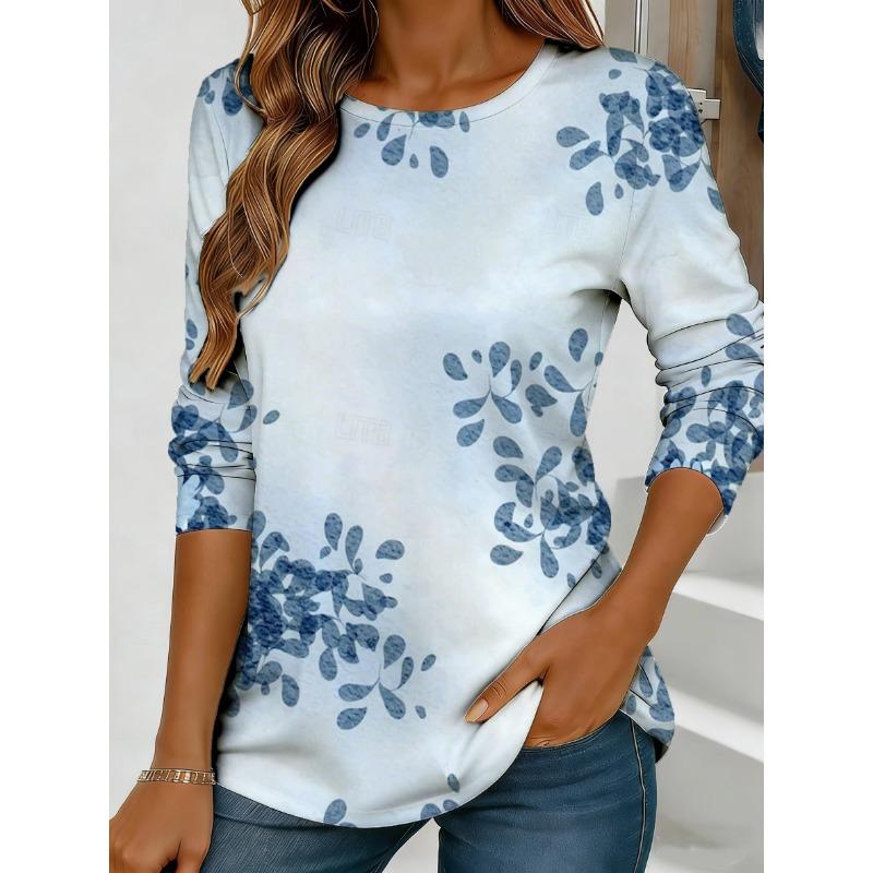 Women's Colorful Floral and Butterfly Print Long-sleeved Loose-fitting Round Neck Top, Casual Everyday Style