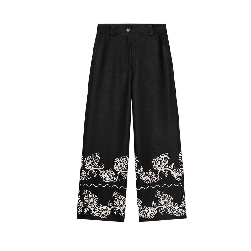 round Neck Short sleeve Linen Blend Embroidered Top 2731105 Mid Waist Wide Leg Casual Trousers 2731104