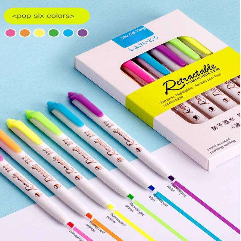 6 Colors Push Button Highlighter Pen Multicolor Kawaii Highlighter Anti-Dry Ink Student Stationery Coloring Hand Account