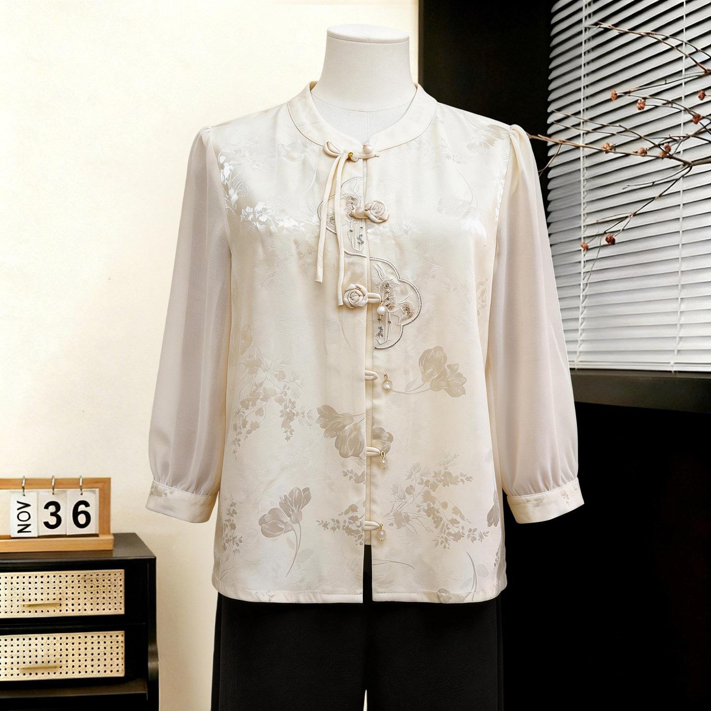 

Mom s Spring National Style Gauze Sleeve Top - Trendy Shirt for Middle-Aged & Elderly Women 2XL (120-130 jin) белый