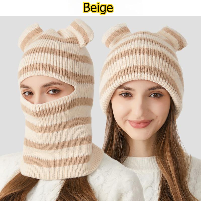 

1pcs Bear Ear Striped One-Piece Knit Hat Warm Outdoor Travel Casual Daily Wear Beanie Winter Cold Weather Headwear One Size бежевий
