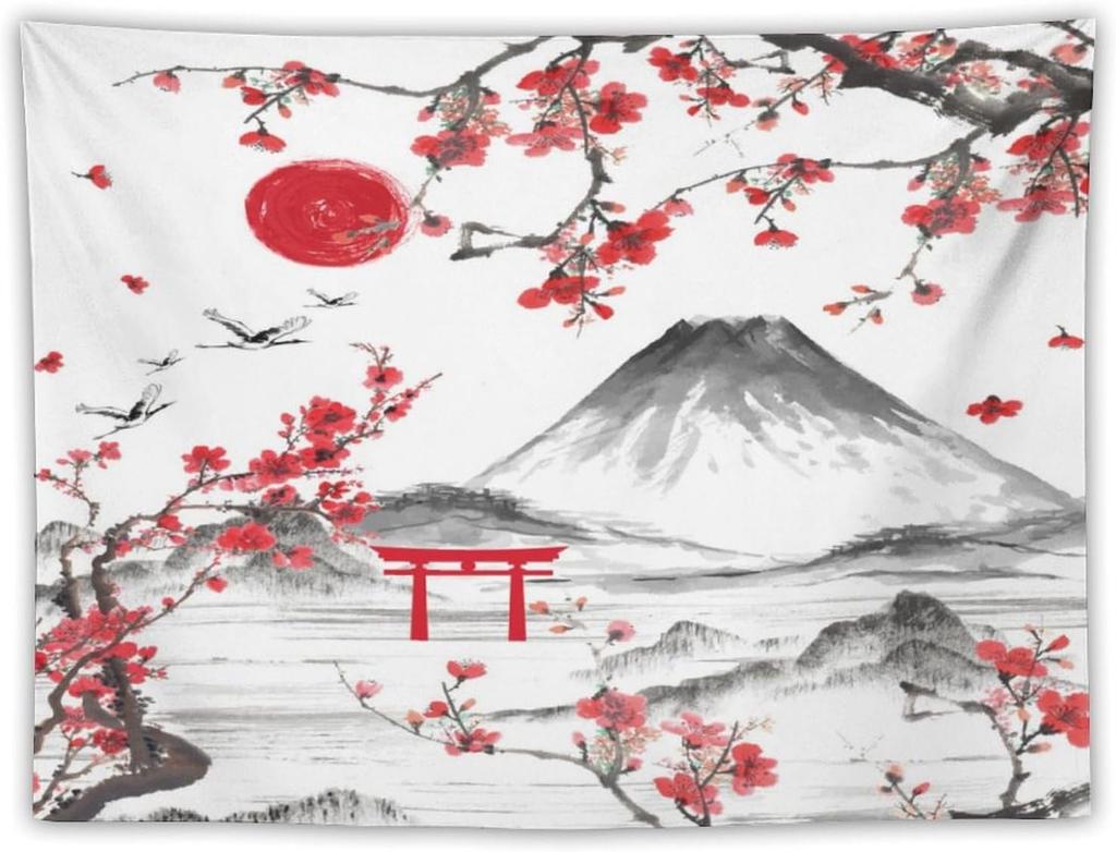 Japanese Red Geisha Tapestry Asian Cherry Blossom Traditional Kimono Folk Tapestries Home Decor Living Room Bedroom Apartment