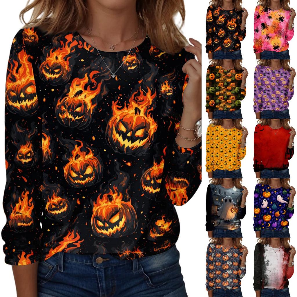 Women's Casual Long Sleeve Pullover Top Halloween Print Round Neck Shirt Lightweight Comfortable Fit for Daily Wear