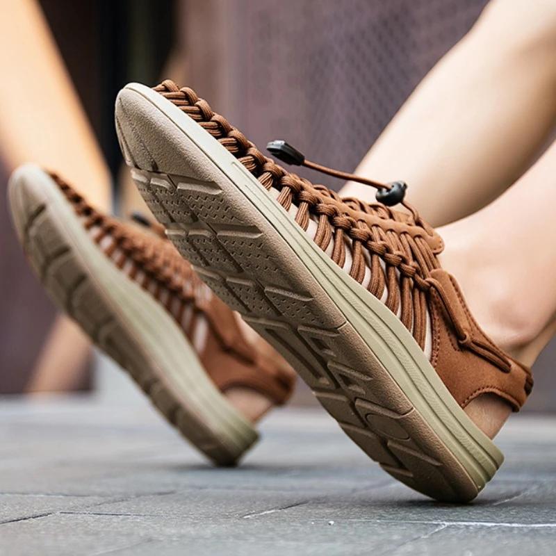 Fashion Men Sandals Genuine Leather Men Casual Shoes Weaving Design Beach Sandals Outdoor Couples Walking Shoes Water Shoes 2025