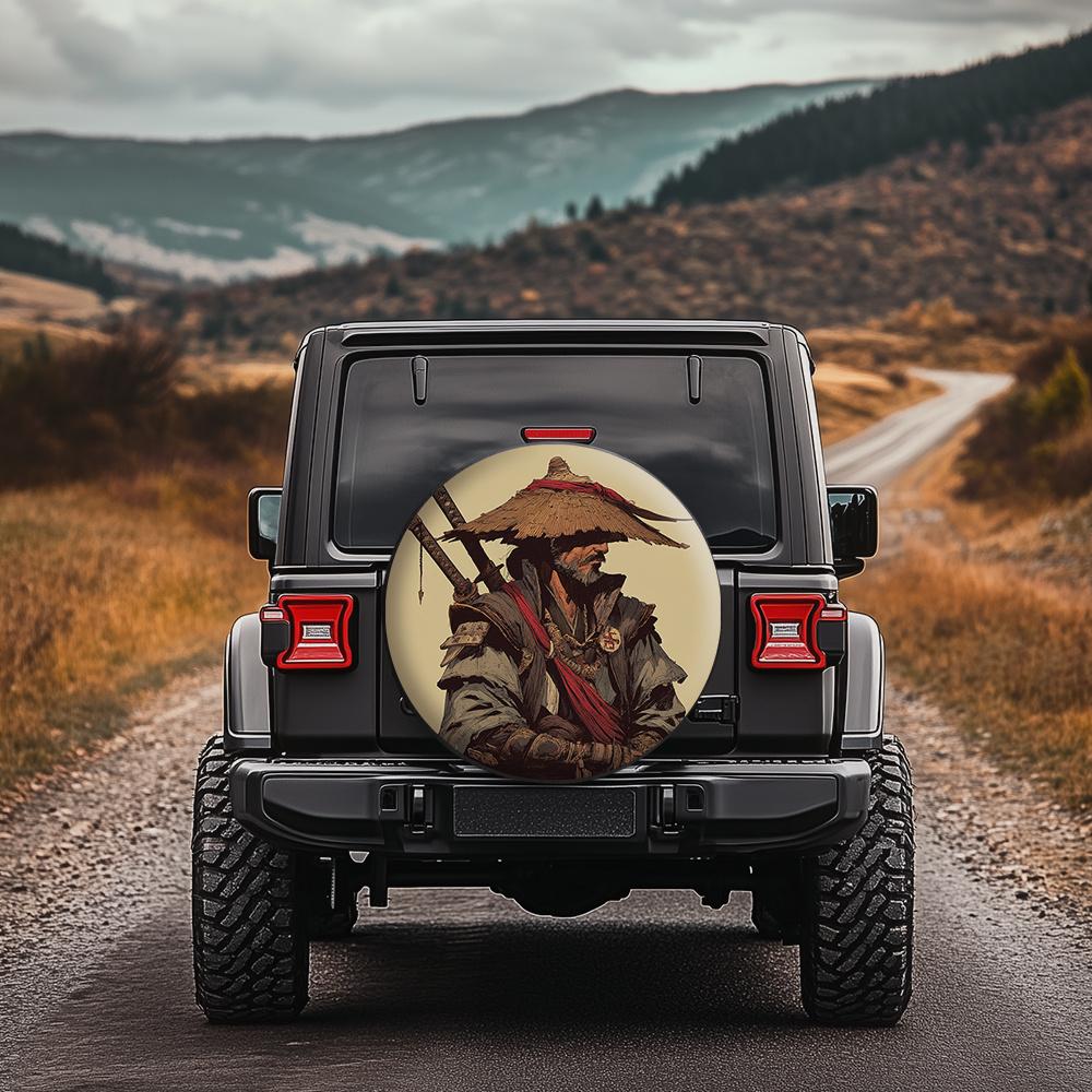 Ronin Samurai Pattern Tire Cover, Japanese Style And Style Charm, Suitable for Hardcore Off-Road, SUV, Pickup Truck, Van, Exuding a Mysterious Aura. U
