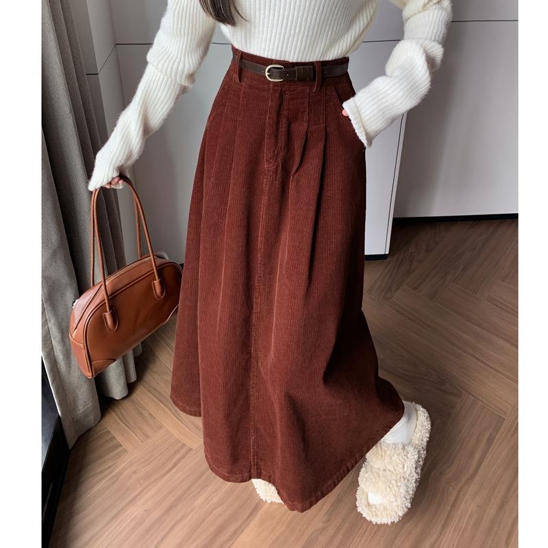 Fashionable and Comfortable Long Velvet Skirt for Women with High Waist and Pleated Design