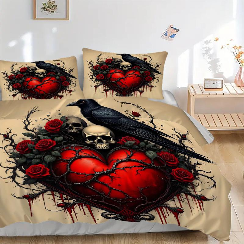3pcs Gothic Heart with Ravens Skulls and Red Roses Printed Bedding Set, Soft and Comfortable Quilt Cover for Bedroom, Guest Room