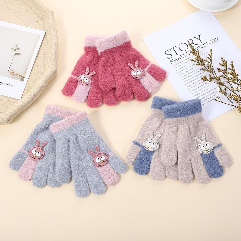 New Children's Gloves Female Cute Cartoon Bunny Autumn and Winter Warm and Cold-proof Boy and Girl Baby Knitted Gloves