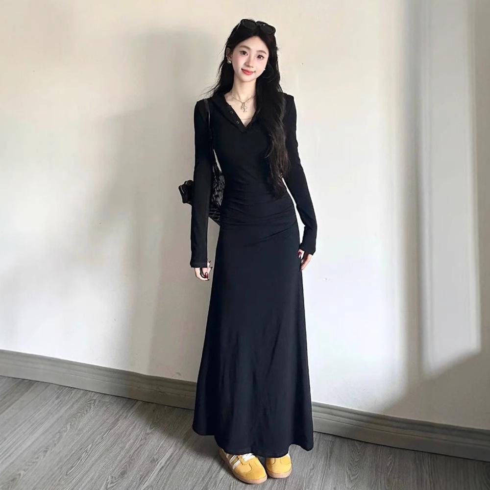 

2024 Французское приталенное черное платье с длинным рукавом для женщин XL чёрный