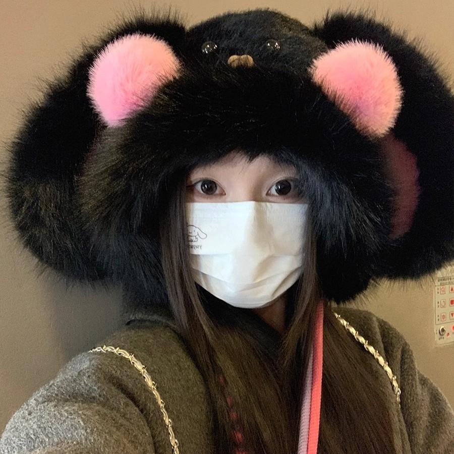 Koreansk Söt och Söt Kanin med Stora Öron Plyschmössa för Kvinnor På Vintern Förtjockad Varm Ansiktsvisande Liten Tecknad Lei Feng-mössa